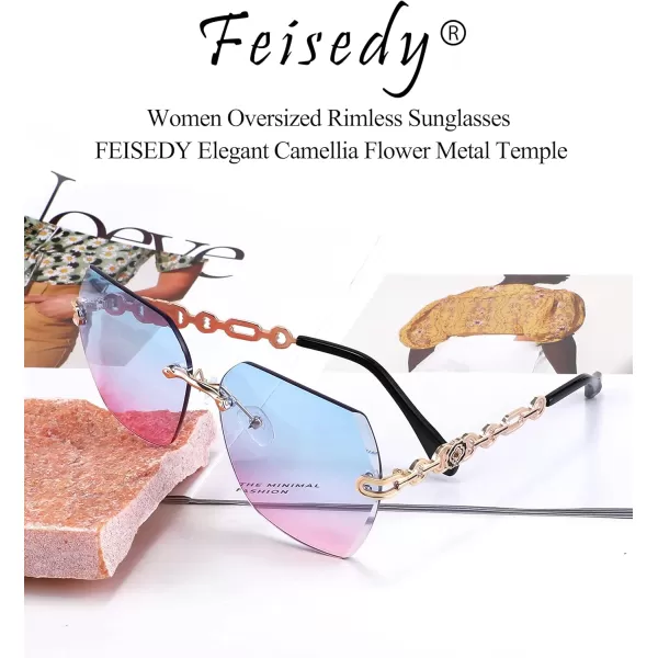 FEISEDY Classic Rimless Sunglasses Women Metal Frame Diamond Cutting Lens Sun Glasses B2567007 Blue Pink