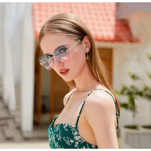 FEISEDY Classic Rimless Sunglasses Women Metal Frame Diamond Cutting Lens Sun Glasses B2567007 Blue Pink