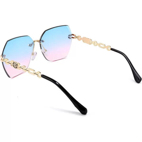 FEISEDY Classic Rimless Sunglasses Women Metal Frame Diamond Cutting Lens Sun Glasses B2567007 Blue Pink