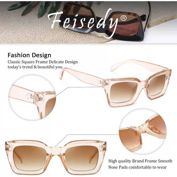 FEISEDY Classic Women Sunglasses Fashion Thick Square Sun Glasses Chunky Frame UV400 B2471Champagne Brown Lenses