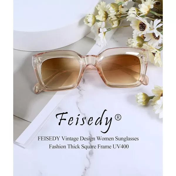 FEISEDY Classic Women Sunglasses Fashion Thick Square Sun Glasses Chunky Frame UV400 B2471Champagne Brown Lenses