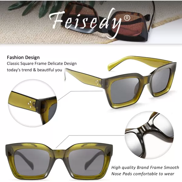 FEISEDY Classic Women Sunglasses Fashion Thick Square Sun Glasses Chunky Frame UV400 B2471Olive