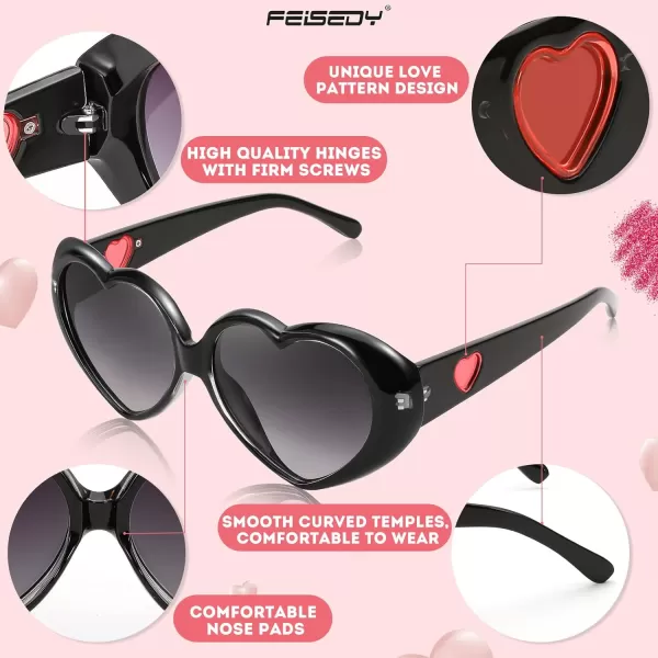 FEISEDY Love Heart Shaped Sunglasses for Women Fashion Cute Style Retro Glasses B2341001 Black Gradient Grey Lens