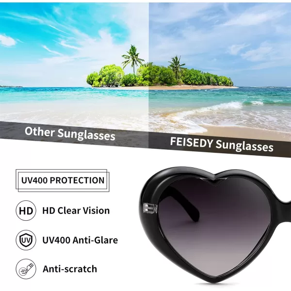 FEISEDY Love Heart Shaped Sunglasses for Women Fashion Cute Style Retro Glasses B2341001 Black Gradient Grey Lens