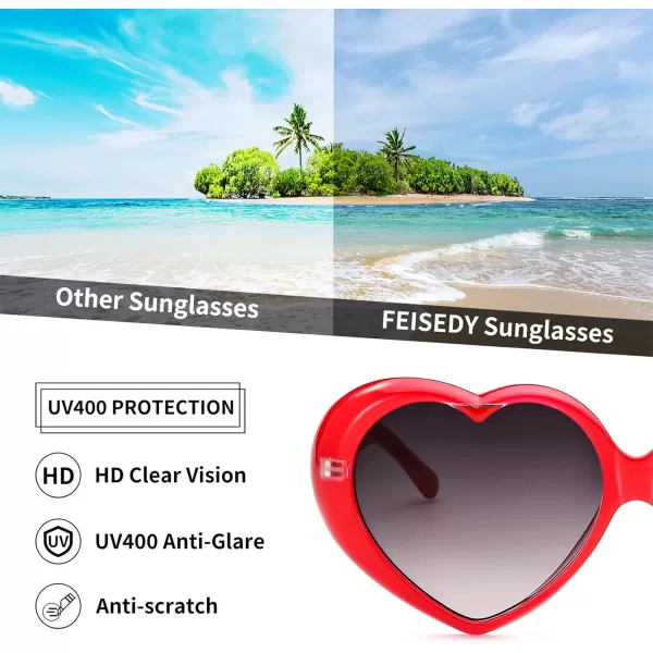 FEISEDY Love Heart Shaped Sunglasses for Women Fashion Cute Style Retro Glasses B2341002 Red  Gradient Grey Lens