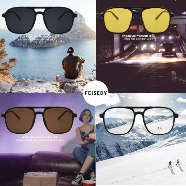 FEISEDY Magnetic Clip on Sunglasses TR90 Frame TAC 5pcs Replacement Lens Set Sunglasses for Men Women B2884Aviator Frame With 5 Lenses