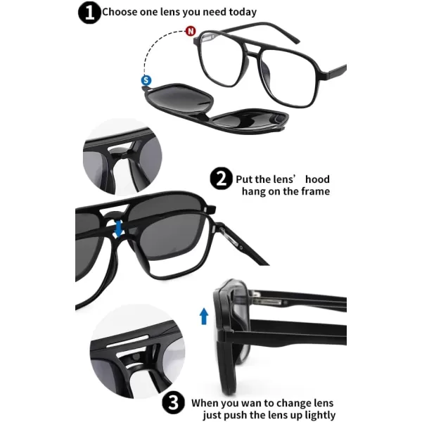 FEISEDY Magnetic Clip on Sunglasses TR90 Frame TAC 5pcs Replacement Lens Set Sunglasses for Men Women B2884Aviator Frame With 5 Lenses