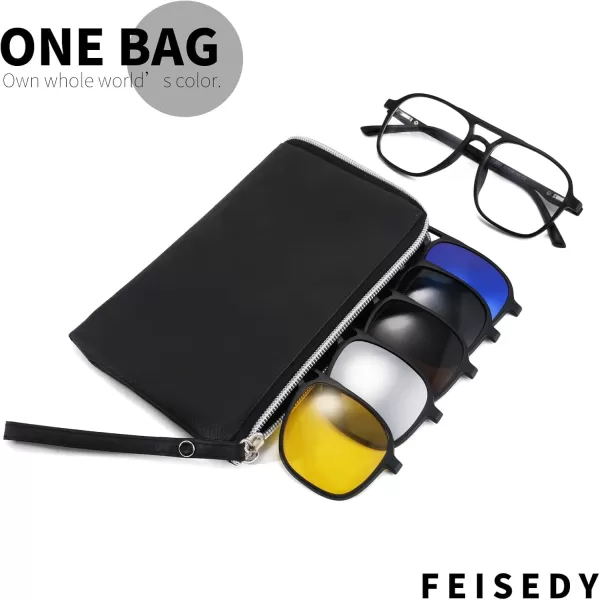 FEISEDY Magnetic Clip on Sunglasses TR90 Frame TAC 5pcs Replacement Lens Set Sunglasses for Men Women B2884Aviator Frame With 5 Lenses
