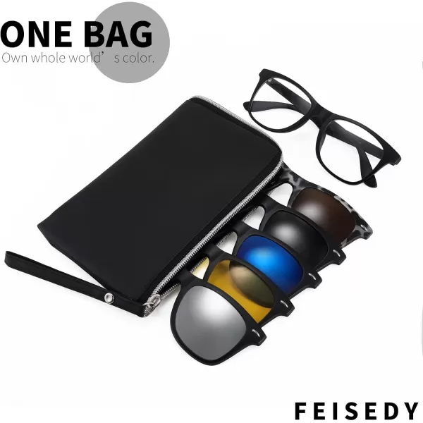 FEISEDY Magnetic Clip on Sunglasses TR90 Frame TAC 5pcs Replacement Lens Set Sunglasses for Men Women B2884Square Frame With 5 Lenses
