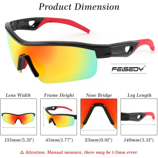 FEISEDY Men Sunglasses Polarized Cycling Sunglasses UV400 Sports Baseball Running Fishing Hiking Shades B2372001 Black Frame  Red Mirror