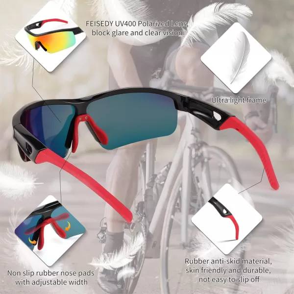 FEISEDY Men Sunglasses Polarized Cycling Sunglasses UV400 Sports Baseball Running Fishing Hiking Shades B2372001 Black Frame  Red Mirror