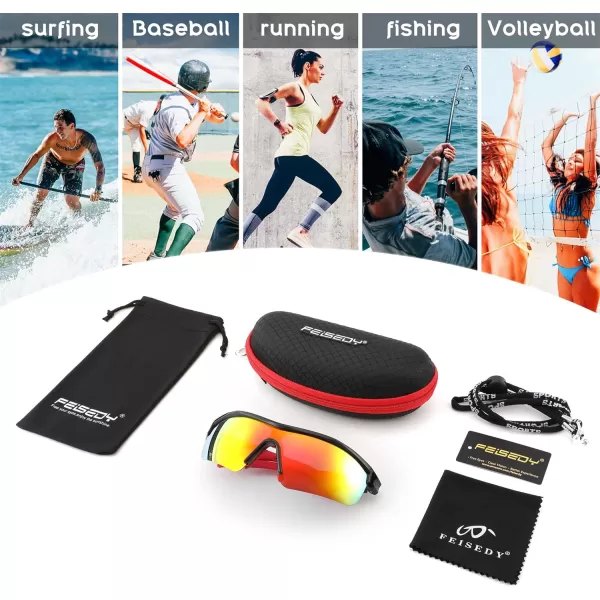 FEISEDY Men Sunglasses Polarized Cycling Sunglasses UV400 Sports Baseball Running Fishing Hiking Shades B2372001 Black Frame  Red Mirror