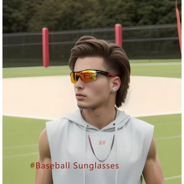 FEISEDY Men Sunglasses Polarized Cycling Sunglasses UV400 Sports Baseball Running Fishing Hiking Shades B2372001 Black Frame  Red Mirror