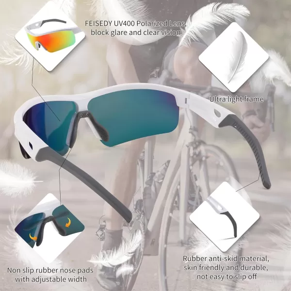 FEISEDY Men Sunglasses Polarized Cycling Sunglasses UV400 Sports Baseball Running Fishing Hiking Shades B2372002 White Frame  Red Mirror