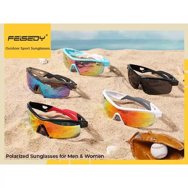 FEISEDY Men Sunglasses Polarized Cycling Sunglasses UV400 Sports Baseball Running Fishing Hiking Shades B2372002 White Frame  Red Mirror
