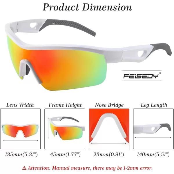 FEISEDY Men Sunglasses Polarized Cycling Sunglasses UV400 Sports Baseball Running Fishing Hiking Shades B2372002 White Frame  Red Mirror