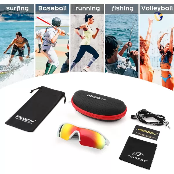 FEISEDY Men Sunglasses Polarized Cycling Sunglasses UV400 Sports Baseball Running Fishing Hiking Shades B2372002 White Frame  Red Mirror