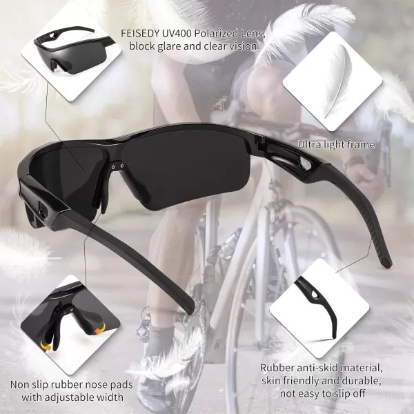 FEISEDY Men Sunglasses Polarized Cycling Sunglasses UV400 Sports Baseball Running Fishing Hiking Shades B2372003 Black Frame  Grey