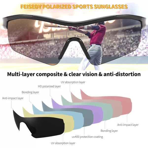 FEISEDY Men Sunglasses Polarized Cycling Sunglasses UV400 Sports Baseball Running Fishing Hiking Shades B2372003 Black Frame  Grey