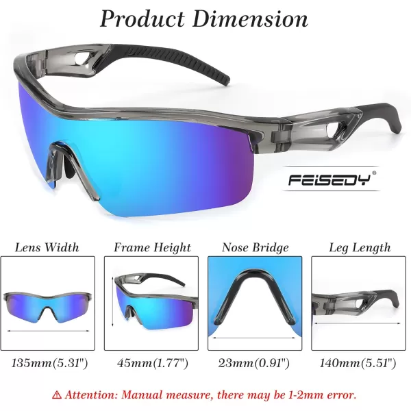 FEISEDY Men Sunglasses Polarized Cycling Sunglasses UV400 Sports Baseball Running Fishing Hiking Shades B2372004 Transparent Grey Frame  Blue Mirror