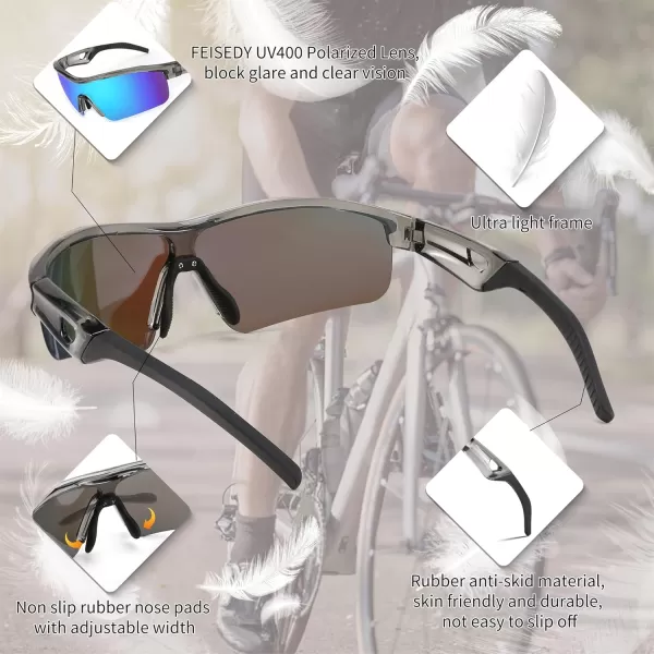 FEISEDY Men Sunglasses Polarized Cycling Sunglasses UV400 Sports Baseball Running Fishing Hiking Shades B2372004 Transparent Grey Frame  Blue Mirror