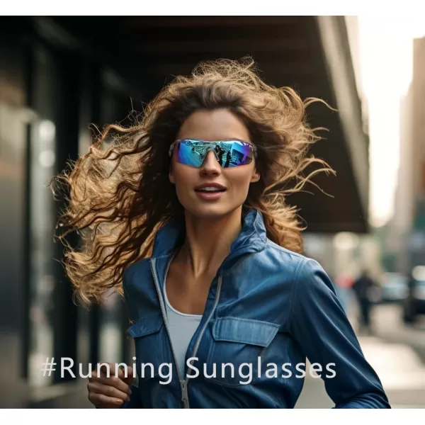 FEISEDY Men Sunglasses Polarized Cycling Sunglasses UV400 Sports Baseball Running Fishing Hiking Shades B2372004 Transparent Grey Frame  Blue Mirror