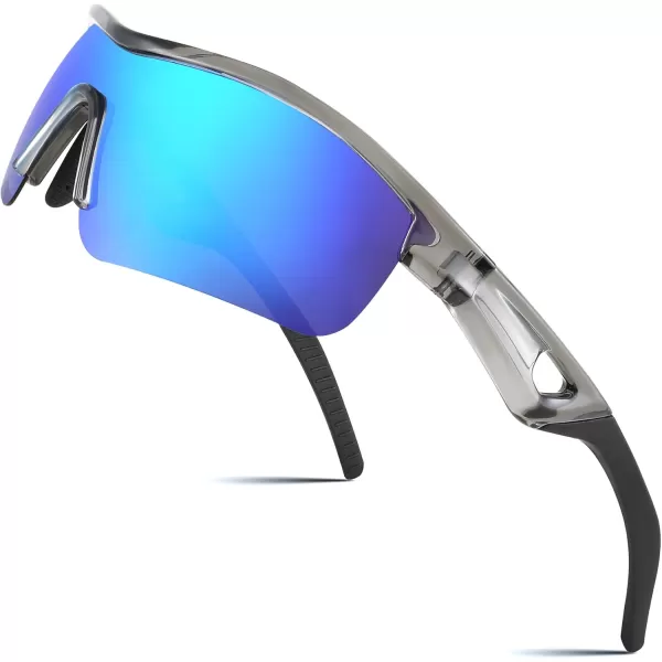FEISEDY Men Sunglasses Polarized Cycling Sunglasses UV400 Sports Baseball Running Fishing Hiking Shades B2372004 Transparent Grey Frame  Blue Mirror
