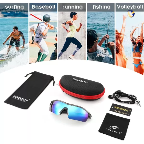 FEISEDY Men Sunglasses Polarized Cycling Sunglasses UV400 Sports Baseball Running Fishing Hiking Shades B2372004 Transparent Grey Frame  Blue Mirror