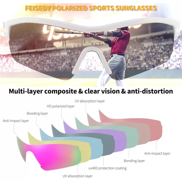 FEISEDY Men Sunglasses Polarized Cycling Sunglasses UV400 Sports Baseball Running Fishing Hiking Shades B2372005 White Frame  Pink Mirror