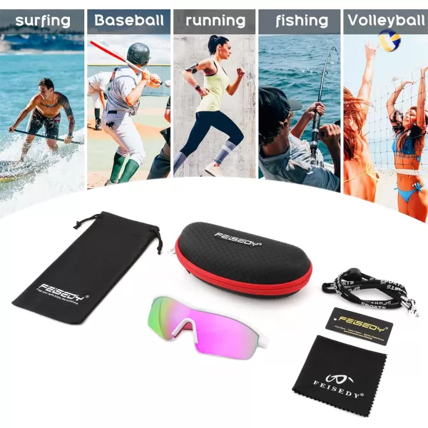 FEISEDY Men Sunglasses Polarized Cycling Sunglasses UV400 Sports Baseball Running Fishing Hiking Shades B2372005 White Frame  Pink Mirror