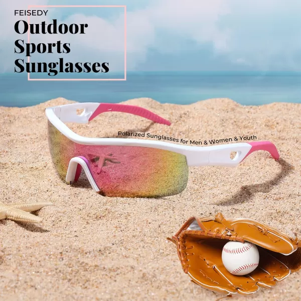 FEISEDY Men Sunglasses Polarized Cycling Sunglasses UV400 Sports Baseball Running Fishing Hiking Shades B2372005 White Frame  Pink Mirror