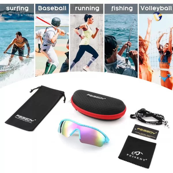 FEISEDY Men Sunglasses Polarized Cycling Sunglasses UV400 Sports Baseball Running Fishing Hiking Shades B2372006 Blue Red Frame  Purple Mirror