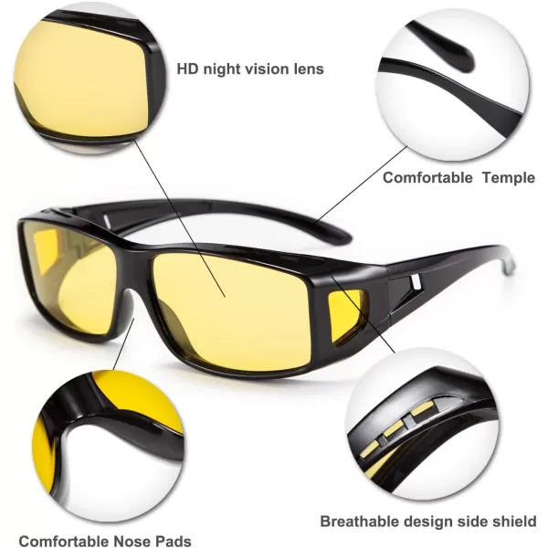 FEISEDY Men Women Night Driving Glasses Fit over Glasses AntiGlare Polarized Wrap Yellow Sunglasses Over Glasses B2593