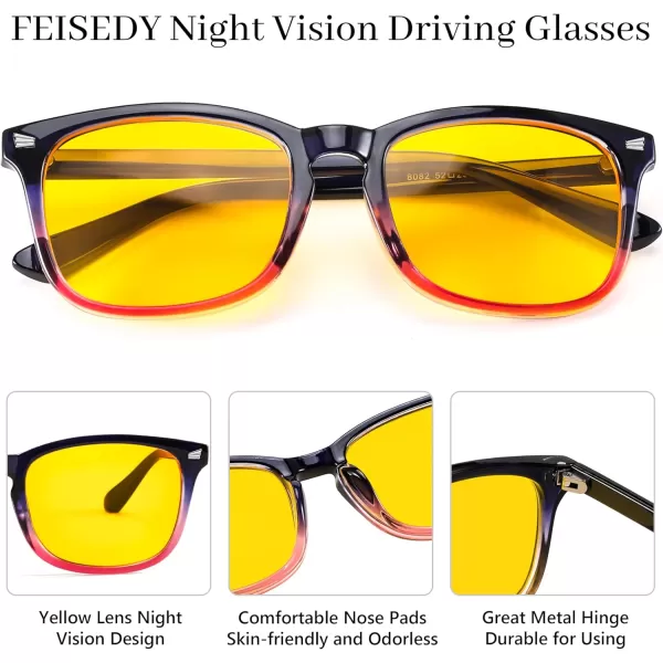 FEISEDY Night Vision Driving Glasses Yellow Lens Reduce Glare Safety Driving Sunglasses B0089Blue Pink Frame