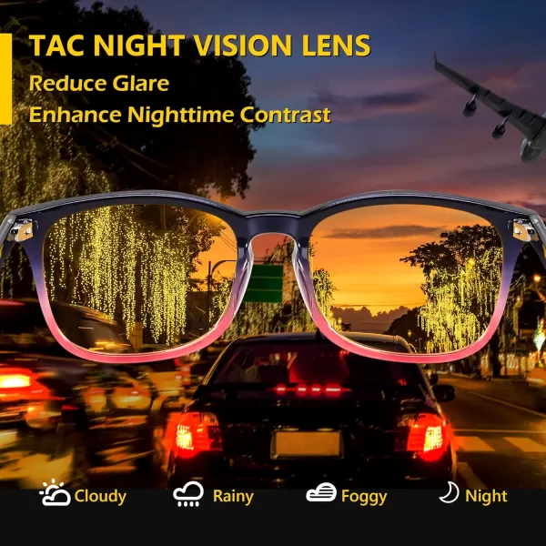 FEISEDY Night Vision Driving Glasses Yellow Lens Reduce Glare Safety Driving Sunglasses B0089Blue Pink Frame