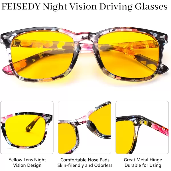 FEISEDY Night Vision Driving Glasses Yellow Lens Reduce Glare Safety Driving Sunglasses B0089Floral Frame