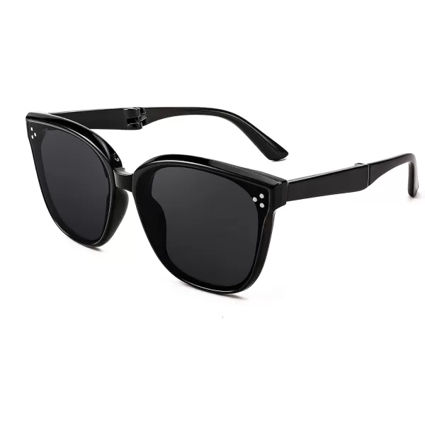 FEISEDY Oversized Square Foldable Sunglasses Easy Carry Folding Ultralight with Glasses Case UV Protection B2955Black Frame  Grey Lens