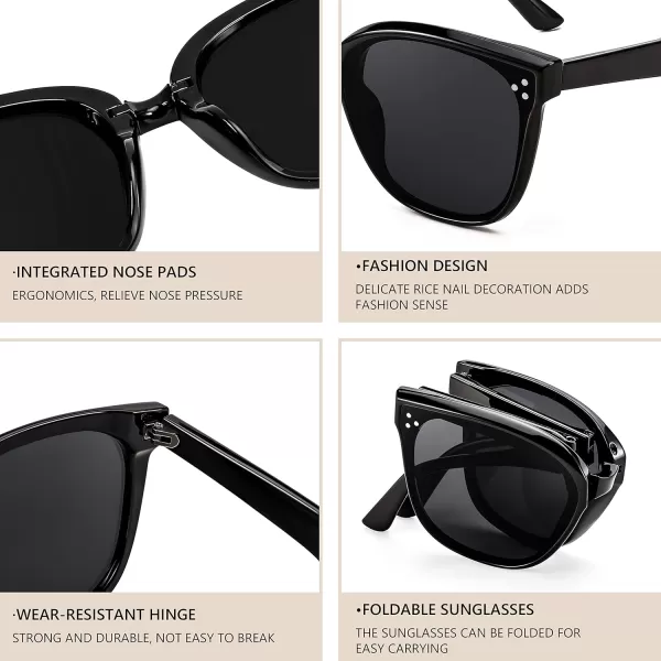 FEISEDY Oversized Square Foldable Sunglasses Easy Carry Folding Ultralight with Glasses Case UV Protection B2955Black Frame  Grey Lens