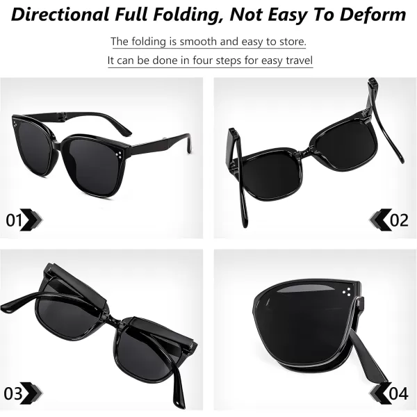 FEISEDY Oversized Square Foldable Sunglasses Easy Carry Folding Ultralight with Glasses Case UV Protection B2955Black Frame  Grey Lens