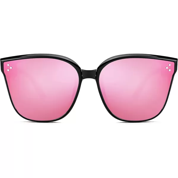 FEISEDY Oversized Square Foldable Sunglasses Easy Carry Folding Ultralight with Glasses Case UV Protection B2955Black Frame  Pink Mirror Lens