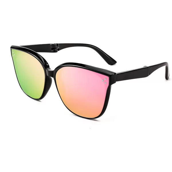 FEISEDY Oversized Square Foldable Sunglasses Easy Carry Folding Ultralight with Glasses Case UV Protection B2955Black Frame  Pink Mirror Lens