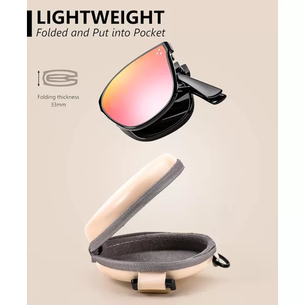 FEISEDY Oversized Square Foldable Sunglasses Easy Carry Folding Ultralight with Glasses Case UV Protection B2955Black Frame  Pink Mirror Lens