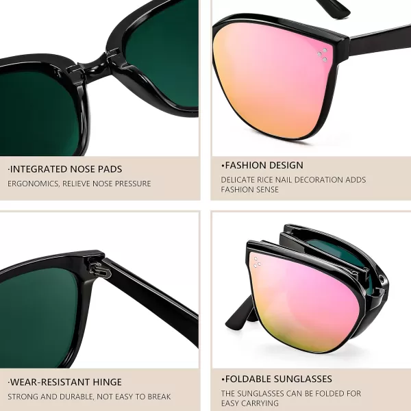 FEISEDY Oversized Square Foldable Sunglasses Easy Carry Folding Ultralight with Glasses Case UV Protection B2955Black Frame  Pink Mirror Lens