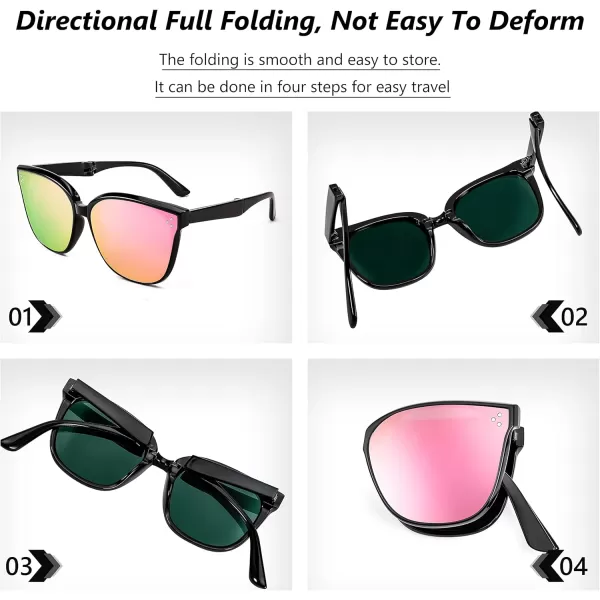 FEISEDY Oversized Square Foldable Sunglasses Easy Carry Folding Ultralight with Glasses Case UV Protection B2955Black Frame  Pink Mirror Lens