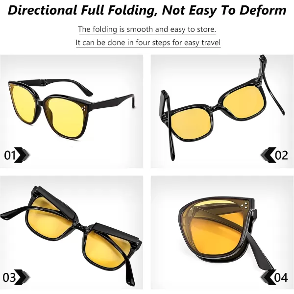 FEISEDY Oversized Square Foldable Sunglasses Easy Carry Folding Ultralight with Glasses Case UV Protection B2955Black Frame  Yellow Lens