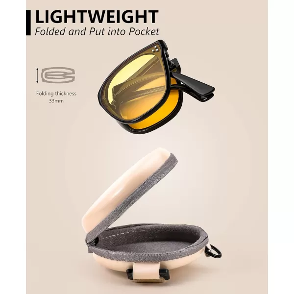 FEISEDY Oversized Square Foldable Sunglasses Easy Carry Folding Ultralight with Glasses Case UV Protection B2955Black Frame  Yellow Lens