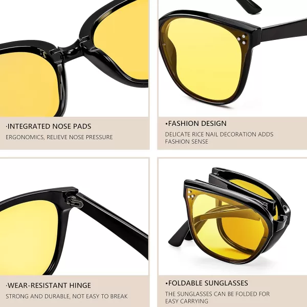 FEISEDY Oversized Square Foldable Sunglasses Easy Carry Folding Ultralight with Glasses Case UV Protection B2955Black Frame  Yellow Lens
