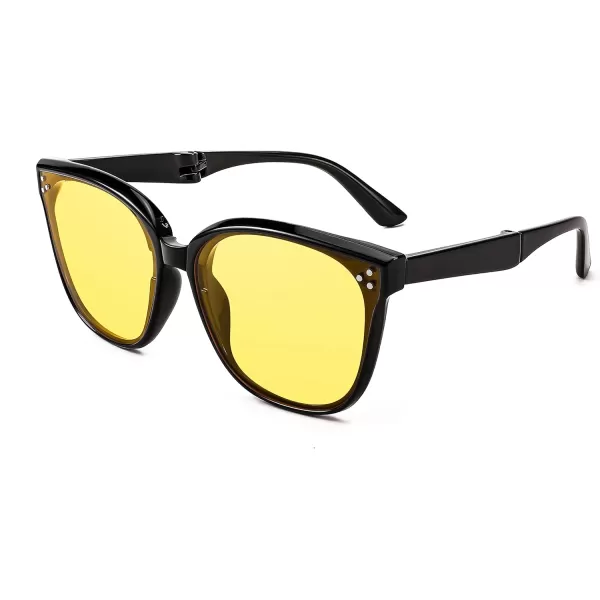FEISEDY Oversized Square Foldable Sunglasses Easy Carry Folding Ultralight with Glasses Case UV Protection B2955Black Frame  Yellow Lens