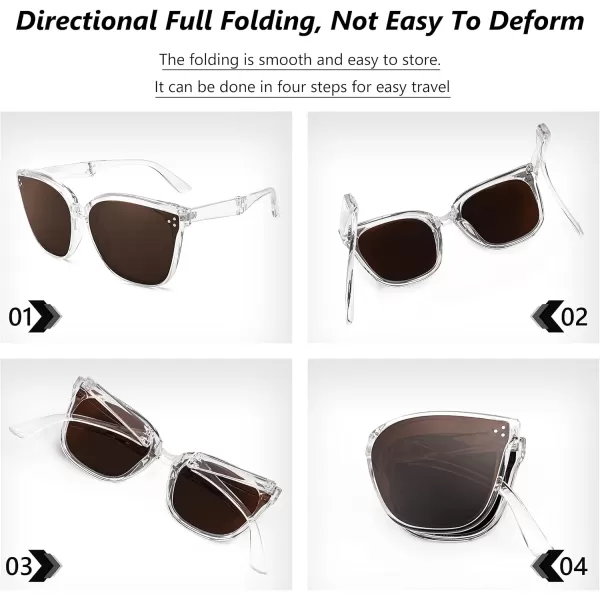 FEISEDY Oversized Square Foldable Sunglasses Easy Carry Folding Ultralight with Glasses Case UV Protection B2955Transparent Frame  Silver Lens