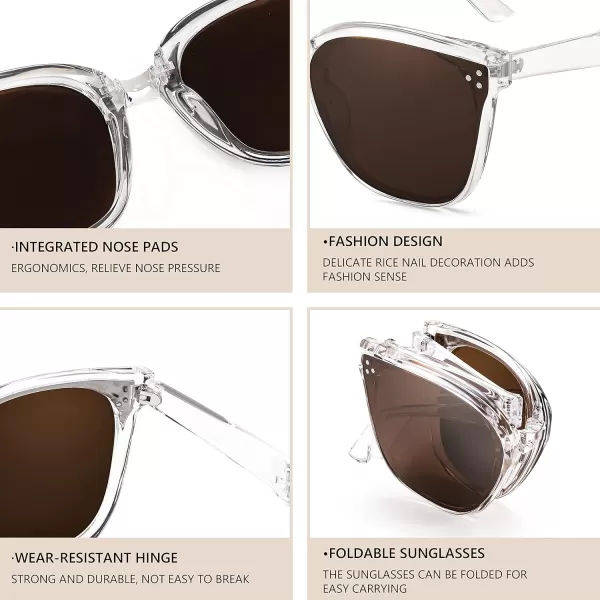 FEISEDY Oversized Square Foldable Sunglasses Easy Carry Folding Ultralight with Glasses Case UV Protection B2955Transparent Frame  Silver Lens